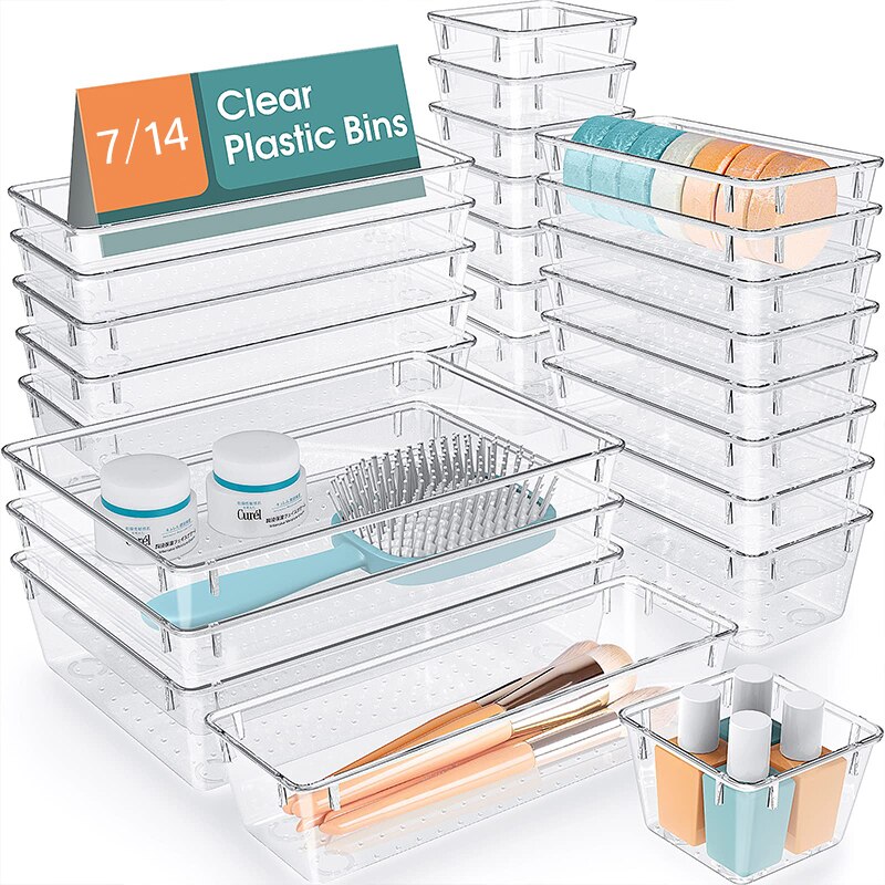 Desk Setup Kit - 7/16Pcs Clear Plastic Drawer Organizers Set