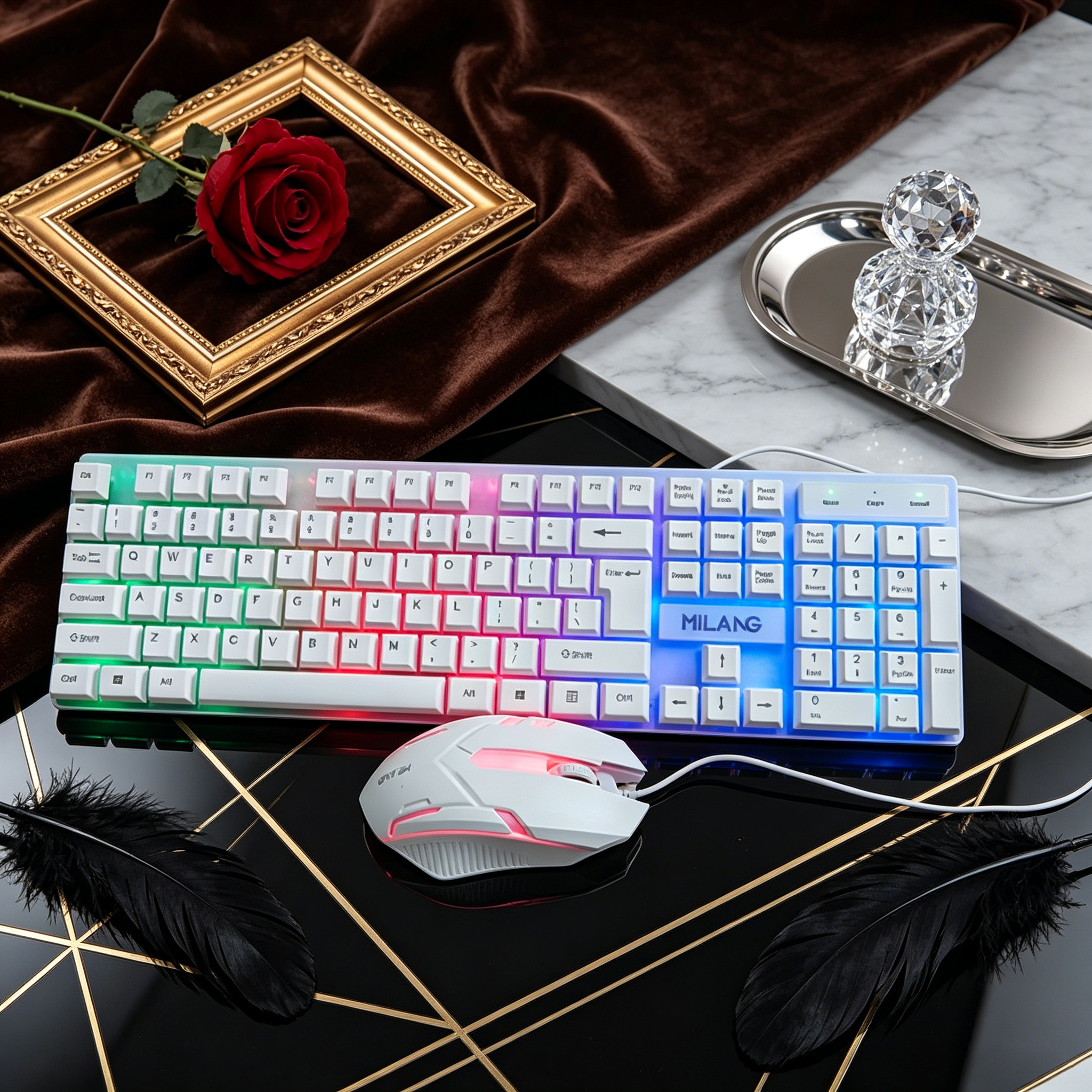 Desk Setup Productivity - Wired RGB Backlit Keyboard Mouse Set,Ergonomic