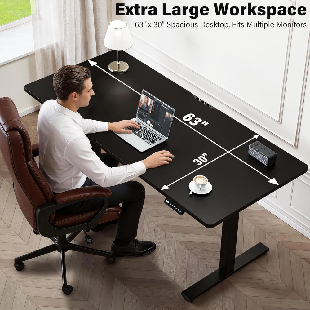 Large 63x30 Electric Adjustabl - Desk Setup Triple Monitor ulasan dan harga